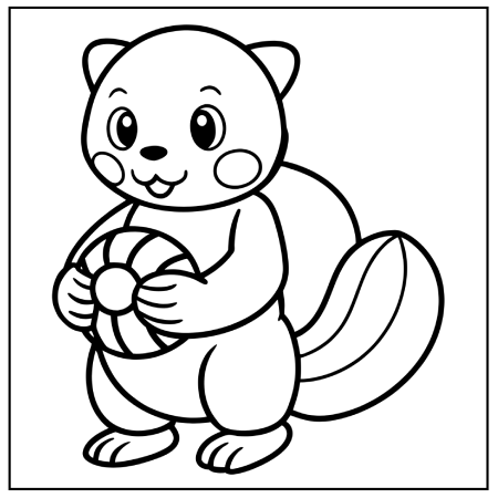 A cute cartoon squirrel with a round body and a bushy tail, holding a colorful beach ball and smiling happily—Pokemon coloring pages.
