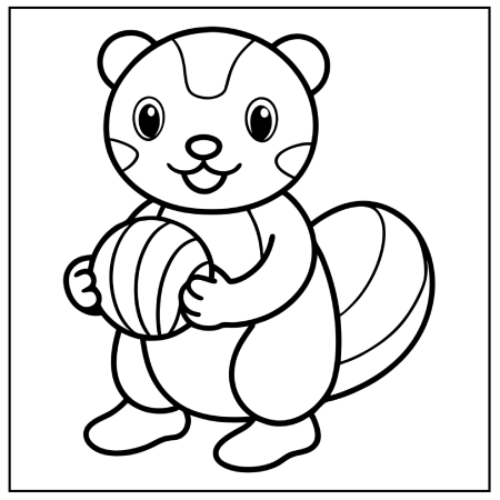 A cute cartoon raccoon holds a striped ball, smiling, with a fluffy tail and large eyes, outlined for Pokémon coloring pages.