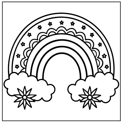 Black and white illustration of a rainbow adorned with stars and decorative patterns, flanked by fluffy clouds and star-shaped flowers. Rainbow coloring pages.