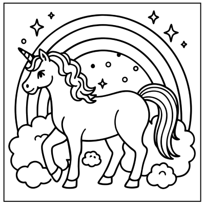 A whimsical unicorn with a flowing mane walks through fluffy clouds under a vibrant rainbow and twinkling stars. Rainbow coloring pages.