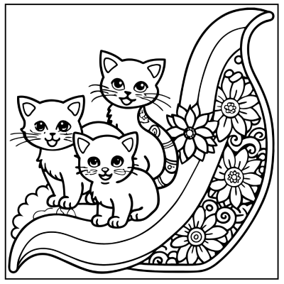 Three cute cartoon cats sitting together on a decorative floral wave design. Rainbow coloring pages.
