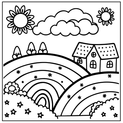 A whimsical black-and-white landscape featuring rolling hills, a house, sunflowers, clouds, and a rainbow, ready for coloring. Rainbow coloring pages.
