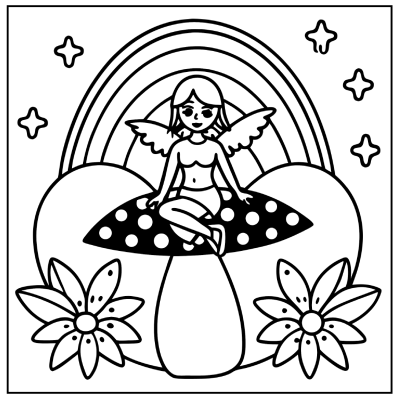 A whimsical illustration featuring a winged figure sitting on a polka-dotted mushroom, surrounded by flowers and a rainbow. Rainbow coloring pages.