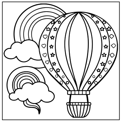 A black and white illustration featuring a decorated hot air balloon, two clouds, and colorful rainbows. Rainbow coloring pages.