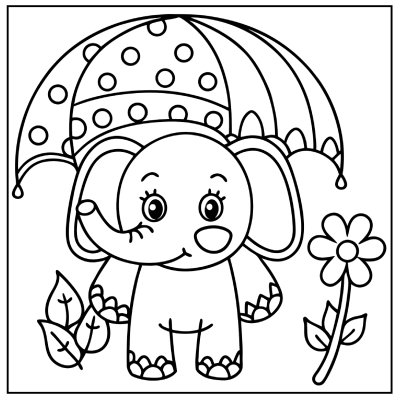 A cute cartoon elephant holding a polka-dotted umbrella, surrounded by leaves and a daisy flower. Outline illustration for coloring. Rainbow coloring pages.