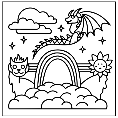 A whimsical scene featuring a dragon, a smiling sun, a rainbow, a stylized cat, and fluffy clouds, all in a coloring book style. Rainbow coloring pages.