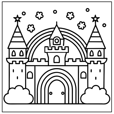 A whimsical castle with two towers, surrounded by clouds and a rainbow, under a sky filled with stars and playful clouds. Rainbow coloring pages.
