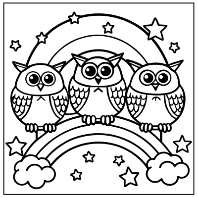 Three cartoon owls perched on a rainbow, surrounded by stars and clouds, in a black and white illustration style. Rainbow coloring pages.