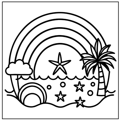 A line art illustration featuring a rainbow over the ocean, a palm tree, clouds, and various sea stars and bubbles. Rainbow coloring pages.