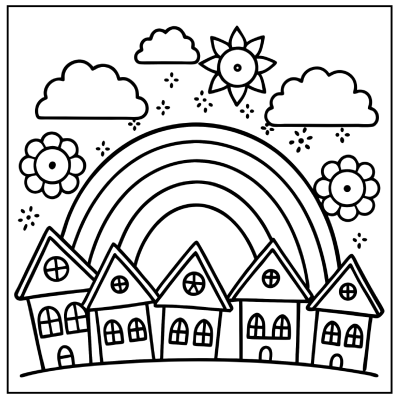 A cheerful black and white coloring page featuring five houses, a rainbow, clouds, a sun, flowers, and sparkling stars. Rainbow coloring pages.