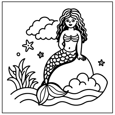 A mermaid with flowing hair sits on a rock, surrounded by waves, seaweed, stars, and clouds in a whimsical ocean scene. Rainbow coloring pages.