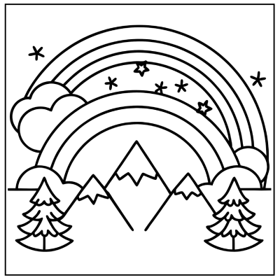 Line art illustration featuring mountains, evergreen trees, clouds, and multiple rainbows in a whimsical scenery. Rainbow coloring pages.