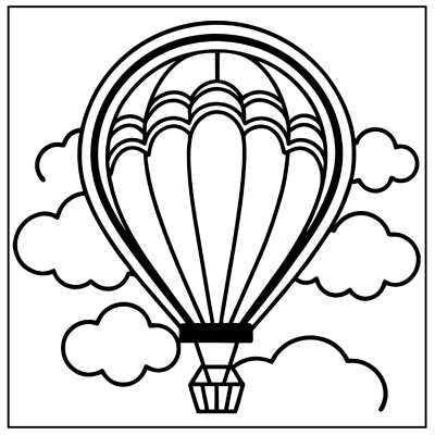 Black and white illustration of a hot air balloon surrounded by fluffy clouds in a square frame. Perfect for coloring. Rainbow coloring pages.