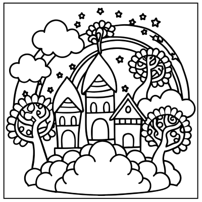 A whimsical coloring page featuring three castles, trees, clouds, a rainbow, and stars in a magical landscape. Rainbow coloring pages.