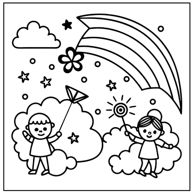 Two children play in a whimsical sky with clouds, a rainbow, and stars, one holding a kite and the other a lollipop. Rainbow coloring pages.
