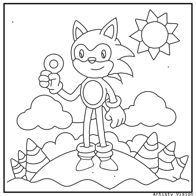 A cartoon hedgehog character stands on a hill holding a ring, with clouds and a sun in the background. Sonic Coloring pages.