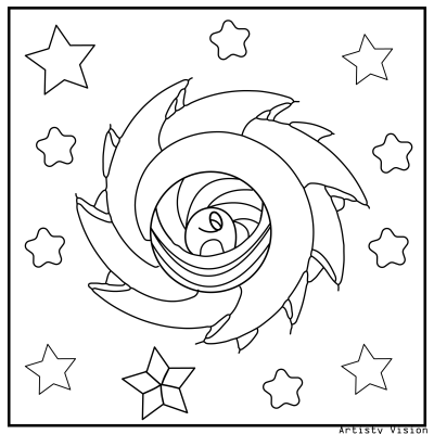A swirling spiral design surrounded by stars, featuring bold outlines for coloring. Simple, whimsical, and artistic. Sonic Coloring pages.