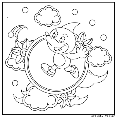 A joyful character with a hat leaps through clouds and flowers in a whimsical, outlined coloring page. Sonic Coloring pages.