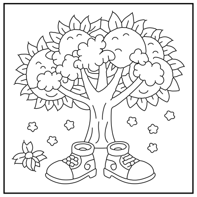 A whimsical tree with smiling sun faces, surrounded by blooming flowers and playful boots at its base, in a coloring book style. Sonic Coloring pages.