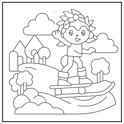 A happy child with braided hair skateboards on a hill, surrounded by trees, clouds, and a quaint village in the background. Sonic Coloring pages.