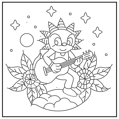 A cartoon character with spiky hair plays a guitar surrounded by flowers, stars, and a moon in a whimsical scene. Sonic Coloring pages.