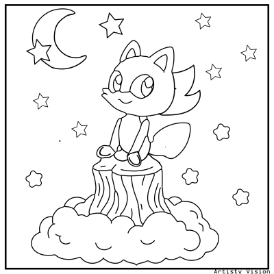 A coloring page featuring a cartoon fox sitting on a tree stump, outlined for coloring. Sonic Coloring pages.
