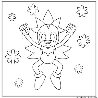 A cartoon character with arms raised, surrounded by colorful flowers in the background. The style is a playful drawing featuring line art and clipart elements. Sonic Coloring pages.