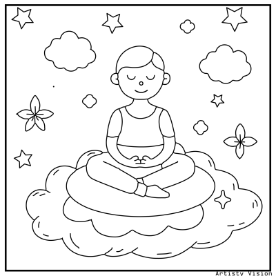 A line art drawing of a person sitting on a fluffy cloud, designed as a coloring page. The image features intricate details suitable for coloring, with a whimsical and dreamy theme. Sonic Coloring pages.