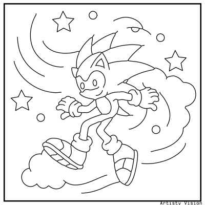 A cartoon character with a joyful expression is running playfully among fluffy white clouds, leaving a trail of sparkling stars behind. The style is simple and colorful, resembling a sketch or line art illustration suitable for a children's coloring book. Sonic Coloring pages.