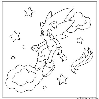 A cartoon character soaring through a bright blue sky, illustrated in a playful and whimsical style. Sonic Coloring pages.