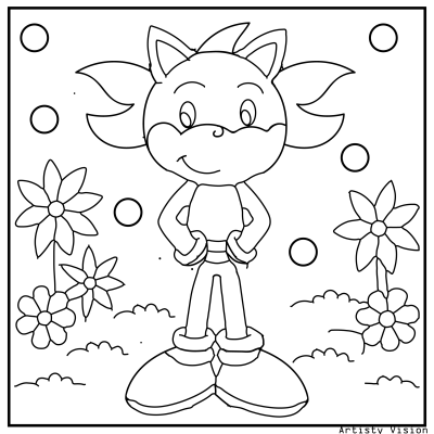 A black and white cartoon character depicted in a minimalist style, showcasing simple lines and patterns, emphasizing a playful and artistic aesthetic. Sonic Coloring pages.