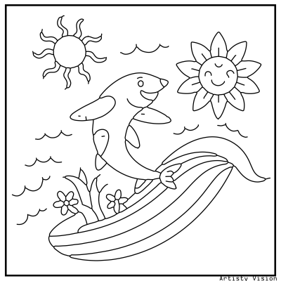 A black and white line art drawing of a dolphin, designed as a coloring page, featuring intricate patterns suitable for coloring. Sonic Coloring pages.
