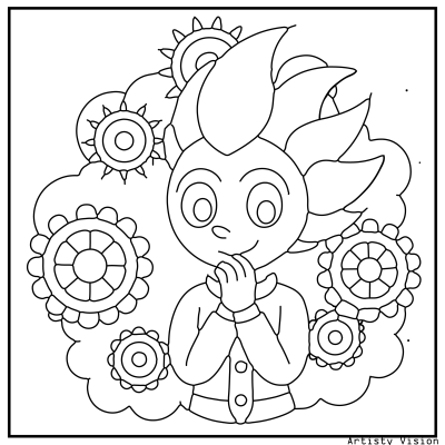 A cartoon character surrounded by various colorful flowers, showcasing a blend of creativity and nature in a vibrant sketch style. Sonic Coloring pages.