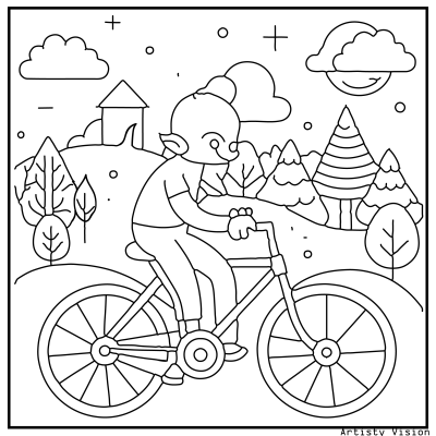 A coloring page featuring a cartoon character happily riding a bicycle, outlined in clear lines for easy coloring. The scene includes details like the bike's wheels and the character's playful expression. Sonic Coloring pages.