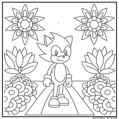 A coloring page featuring a cartoon character surrounded by a floral pattern, designed for artistic expression and creativity. Sonic Coloring pages.