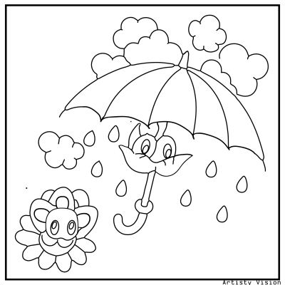 A coloring page featuring an umbrella surrounded by flowers, designed in a sketch style with line art elements. Sonic Coloring pages.