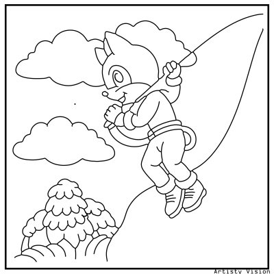 A cartoon cat holding a fishing pole, depicted in a simple line art style. Sonic Coloring pages.