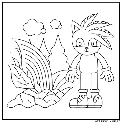 A cartoon character with a plant, depicted in a whimsical style. The image features simple line art suitable for a coloring book, showcasing playful details that invite creativity. Sonic Coloring pages.