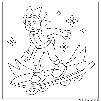 A cartoon character riding a skateboard in a vibrant and playful style, featuring bold lines suitable for coloring. Sonic Coloring pages.