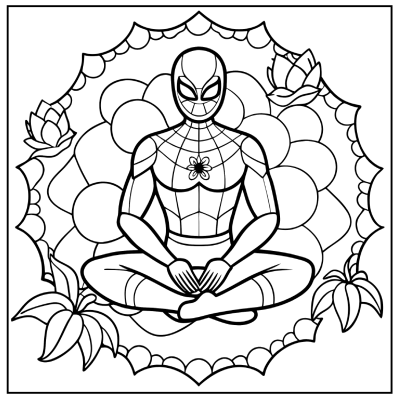 A meditative Spider-Man in a lotus flower setting, surrounded by intricate patterns, outlines ready for coloring. Spider-Man coloring pages