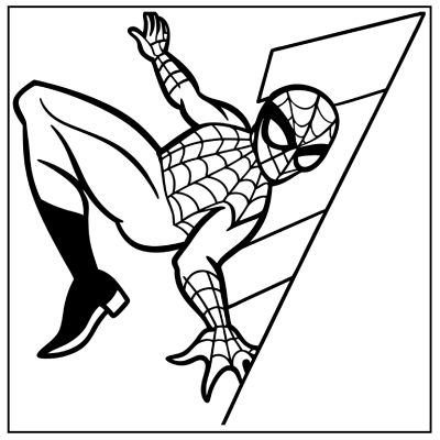 A stylized image of Spider-Man climbing a wall, depicted in a bold, black outline on a white background. Spider-Man coloring pages