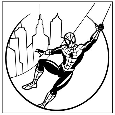 A black and white illustration of Spider-Man swinging through a cityscape, showcasing his iconic pose and web-slinger in action. Spider-Man coloring pages
