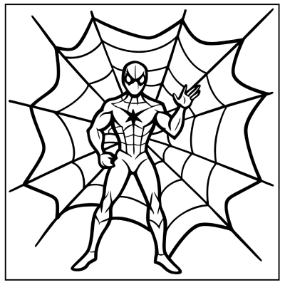 A superhero resembling Spider-Man stands confidently in front of a web backdrop, striking a dynamic pose with one hand raised. Spider-Man coloring pages