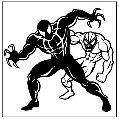 Two muscular comic book characters, one in a black suit with white accents and the other in a white suit, display a fierce stance. Spider-Man coloring pages