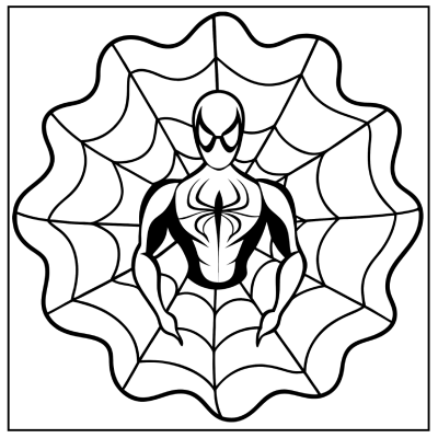 Stylized black and white illustration of Spider-Man resting in a web, with a circular web pattern surrounding him—Spider-Man coloring pages.