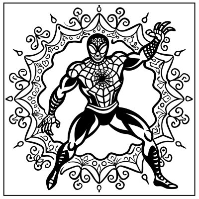 A stylized black-and-white illustration of Spider-Man, posed dynamically with a decorative web-like background. Spider-Man coloring pages.