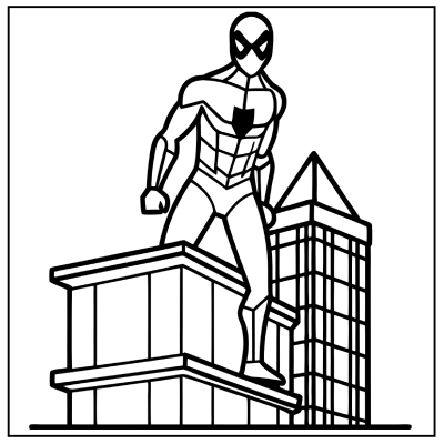 A superhero with a mask and muscular build stands triumphantly on a rooftop, overlooking a cityscape of buildings. Spider-Man coloring pages.
