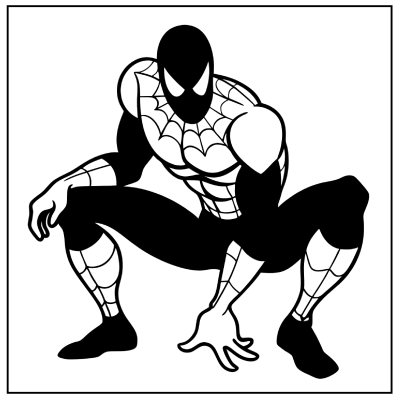 A stylized black-and-white illustration of Spider-Man in a crouching pose, showcasing his muscular build and spiderweb design. Spider-Man coloring pages.