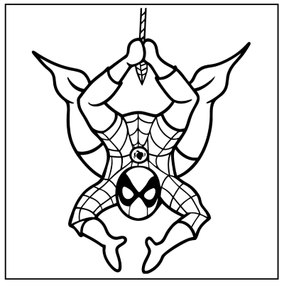A cartoon figure resembling Spider-Man hangs upside down, gripping a web with a playful expression, sketched in black and white. Spider-Man coloring pages.