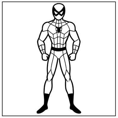 A muscular superhero in a spider-themed costume stands confidently with fists clenched, ready for action. Black outlines on a white background. Spider-Man coloring pages.